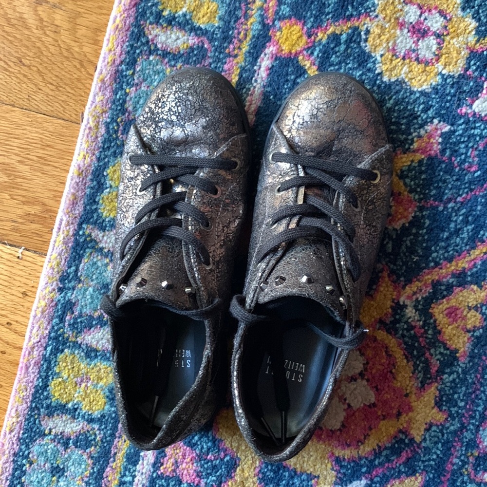 Stuart Weitzman Metallic Bronze Lace-Up Sneakers with Black Laces